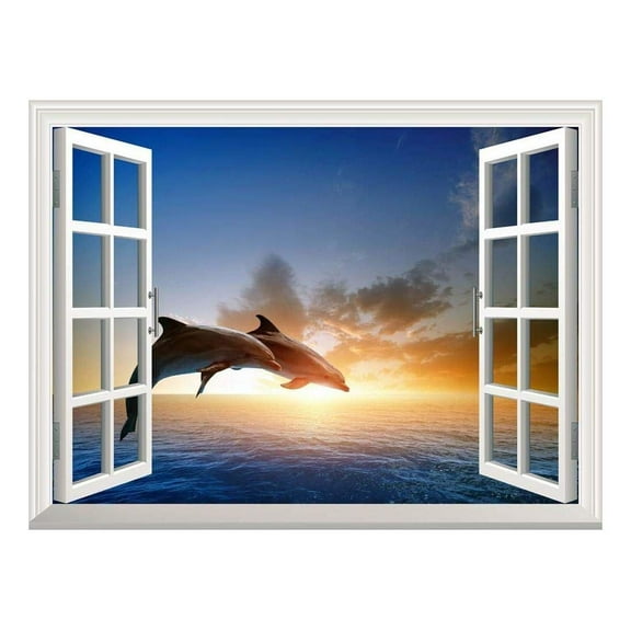 wall26 Removable Wall Sticker/Wall Mural - Beautiful Couple Jumping Dolphins at Sea Sunset | Creative Window View Home Decor/Wall Decor - 24"x32"