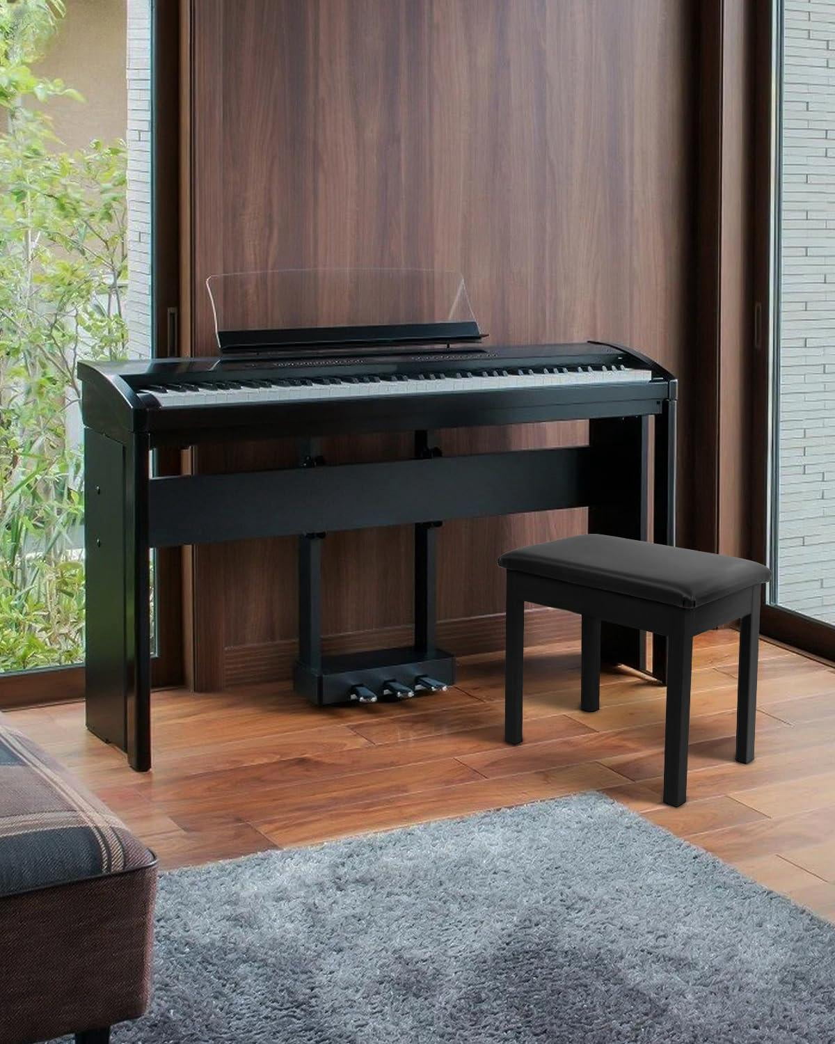 Piano Bench With Storage  Solid Wood Keyboard Bookcase Stool Chair Seat Padded Cushion Black
