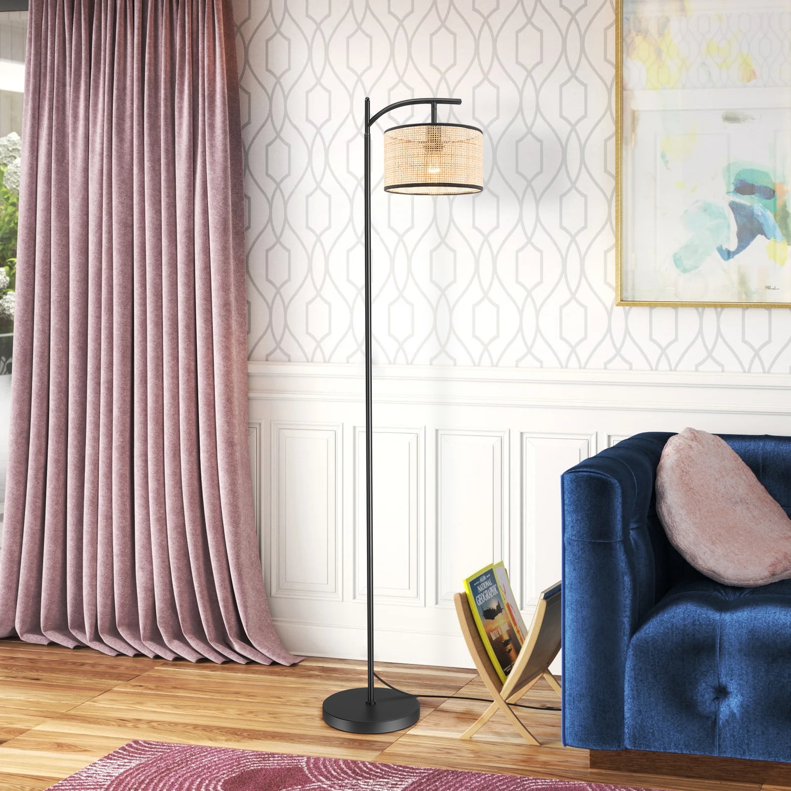 IC INSTANT COACH Boho Rattan Floor lamp, Farmhouse Standing Light with ON/OFF Switch E26 Lights for Bedrooms Living Room