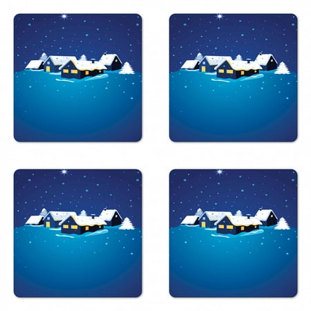 

Winter Coaster Set of 4 Snowy Small Town Snowflakes Season Cozy Village Print Square Hardboard Gloss Coasters Standard Size Blue Blue by Ambesonne
