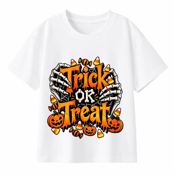 Boys' Halloween Trick or Treat Skeleton Hand Pumpkin T-Shirt, 100% Cotton Short Sleeve Shirt