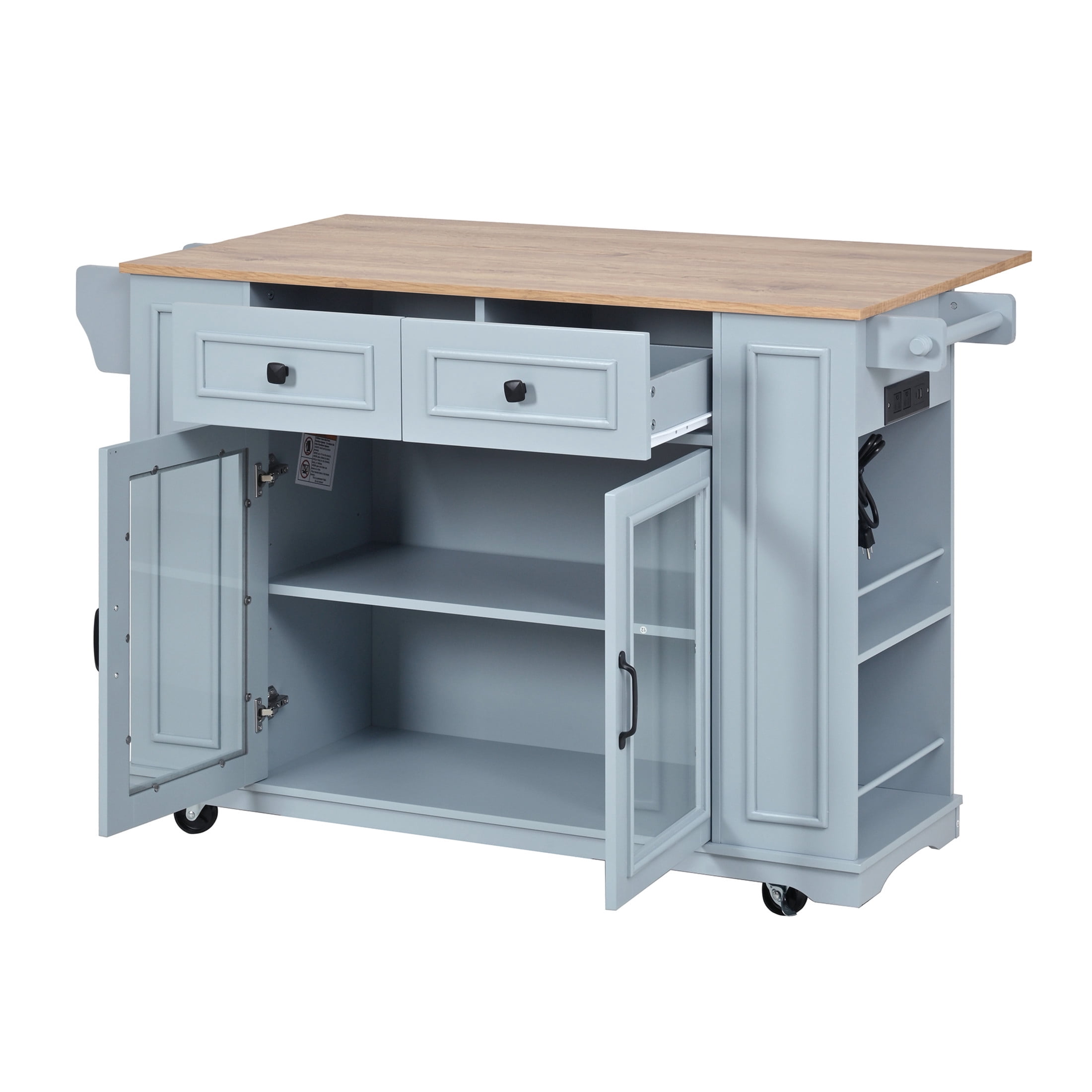 Christopher Knight Home 54.33" Mobile Kitchen Island Cart with Power Outlet and Storage, Blue Gray+Natural