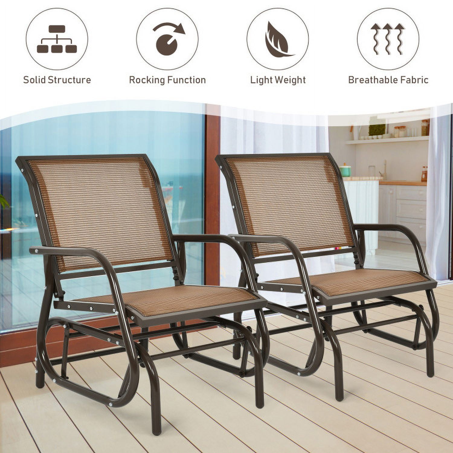 Aimee Lii Outdoor Single Chair with Coffee Table, Patio Glider Bench, Porch, Backyard, Sturdy, Brown