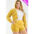thumbnail image 3 of Saronite Velour Crop Zip Up Soft Long Sleeve Crop Top Hoodie Jacket & Shorts Set, Mustard (Women's), 3 of 5
