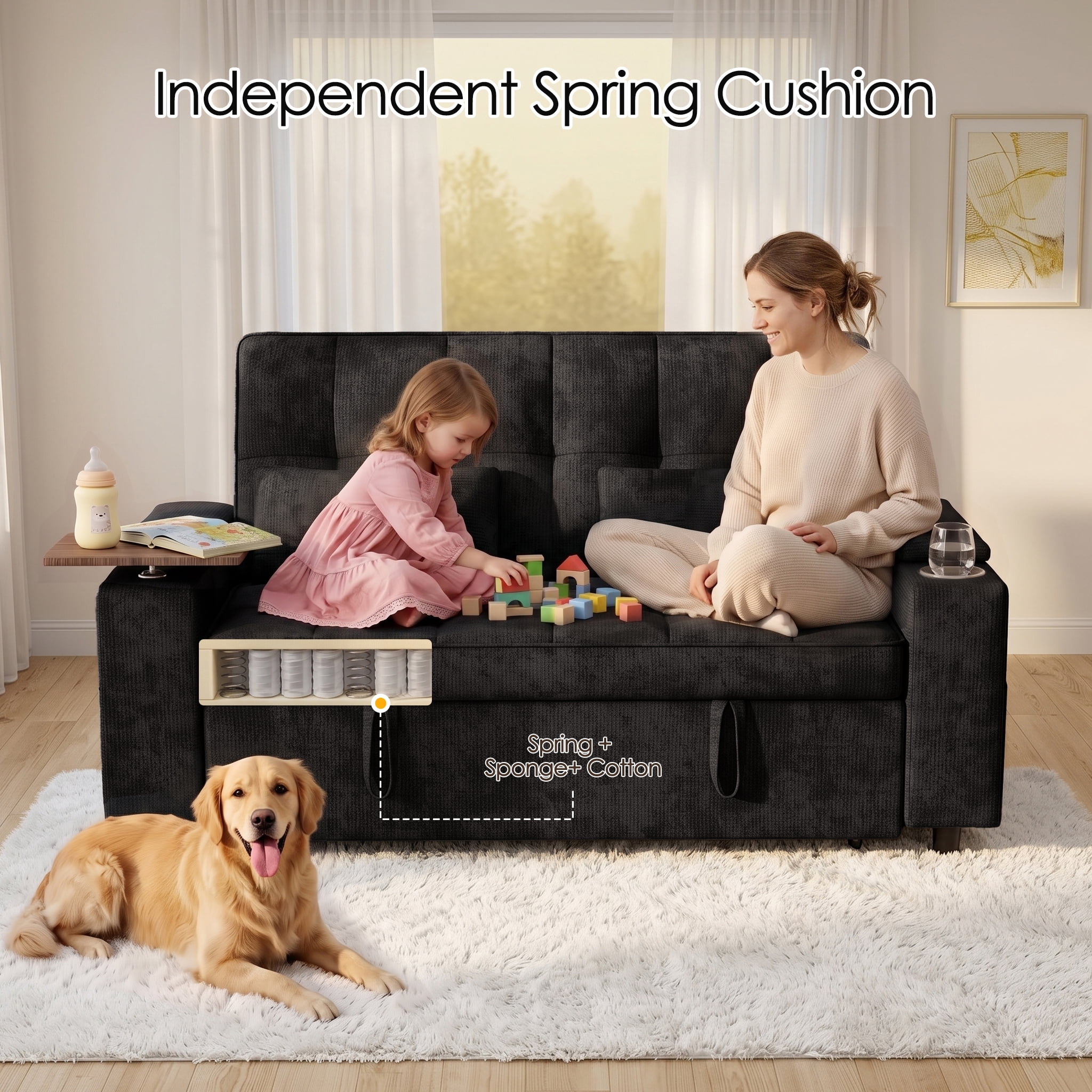 Xiweot 65" Sleeper Sofa Bed, 3-in-1 Convertible Chenille Futon Couch, Loveseat Sofa with Adjustable Backrest, Pull out Couch with Storage Armrest, Table & Pillows for Living Room Apartment (Black)