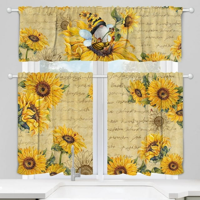 3 Pack Sunflower Kitchen Curtains 54x36 inch with Gnome- Sunflower Curtains for Bedroom as Sunflower Kitchen Decorations and Spring Decorations for the Home,Yellow Kitchen Curtains and Valances Set