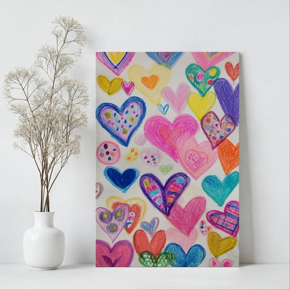 Velto Pastel Heart Canvas Wall Art Crayon Love Illustration Colorful Inspired Decorative Artwork, SIZE 8x10 INCLUDE Pine Wood Frame 1.25-Inch