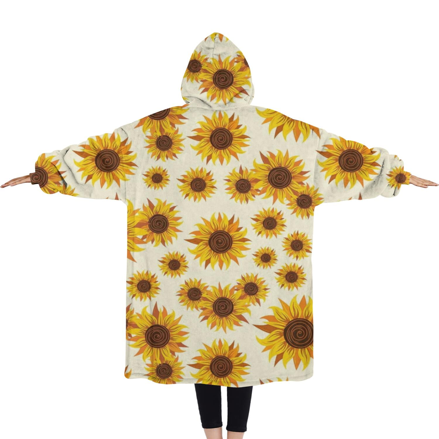 Oversized Wearable Blanket Hoodie,Beige Sunflower Pattern Sherpa Blanket Hoodie with Super Pockets,Super Warm Fuzzy Pullover for Women & Men