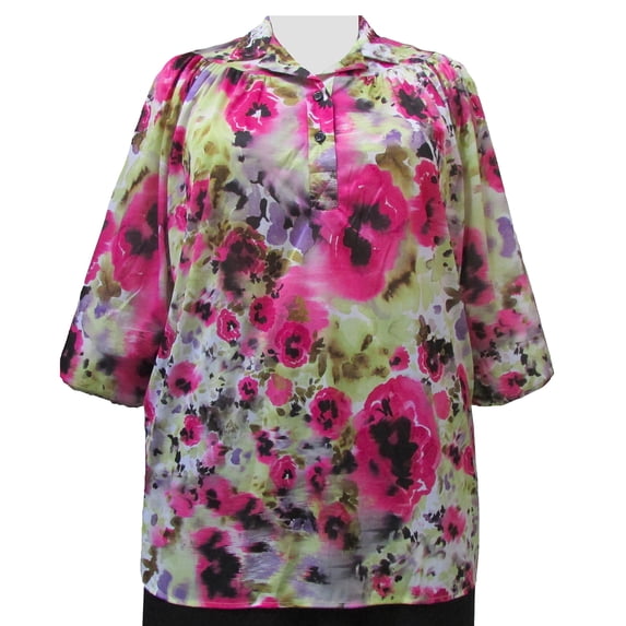 A Personal Touch Women's Plus Size 3/4 Sleeve Three-Button Placket Front Pullover Blouse - June Floral - 5X
