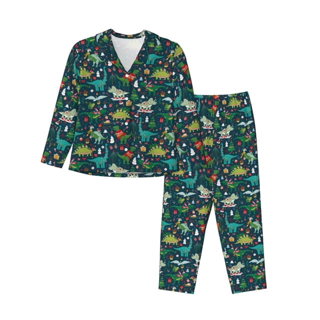 Balery Christmas Dinosaur colorful Conjunto de Pijama con Estampado para Mujer, Conjunto de Dos Piezas con Manga Larga, Ropa de Dormir Suave con Bolsillos, Pijamas Cómodos-XX-Large