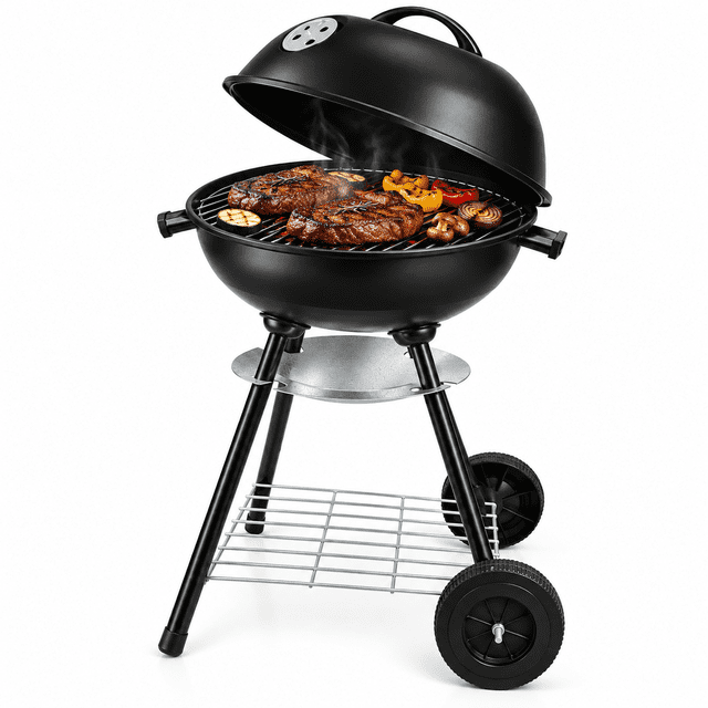 Asador de Carbon Redondo con Tapa y Ruedas Parrilla BBQ de Acero para Jardin Patio Terraza y Camping Asador Portatil Negro