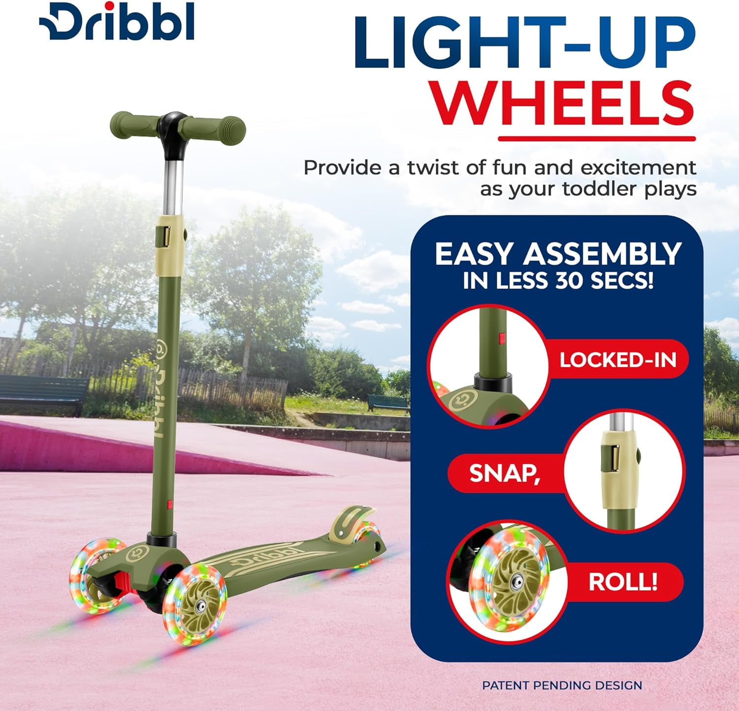 Dribbl 3-Wheel Kids Scooter - Lean-to-Steer Technology, Adjustable Height Handlebar, Wide Anti-Slip Deck, Scooter for Boys & Girls Ages 2+, Child Safety Approved, Support Riders Up to 165 lbs, Army