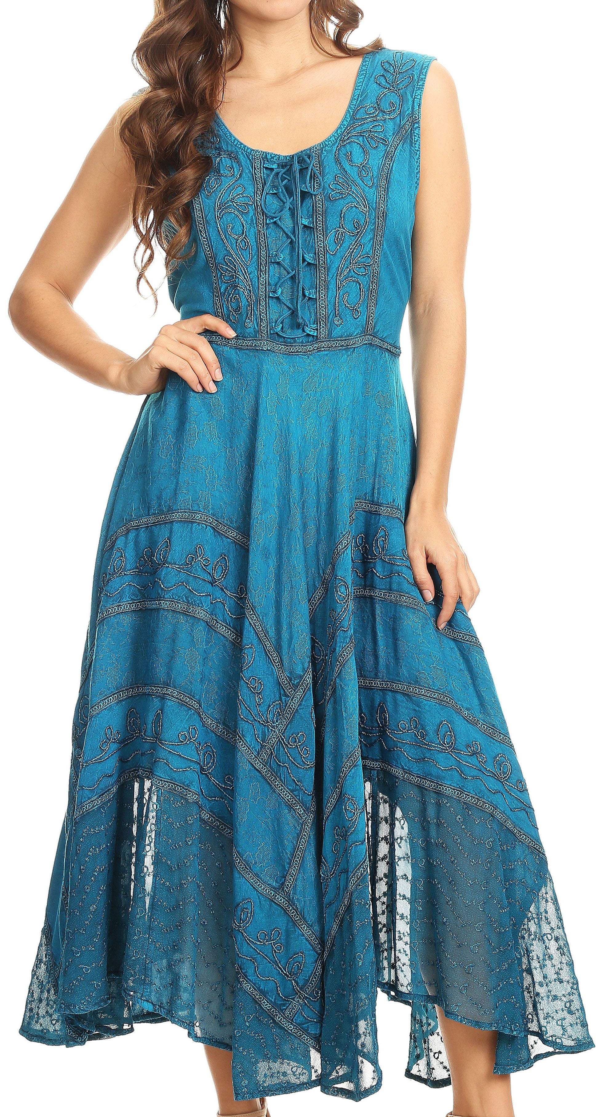 Sakkas Kevina Stonewashed Rayon Embroidered Dress Turquoise L/XL