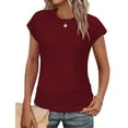 thumbnail image 2 of BLVB Womens Summer Tops Trendy Ruched Cap Sleeve Tshirts Shirts Crew Neck Plain T Shirts Fashion Blouse, 2 of 7