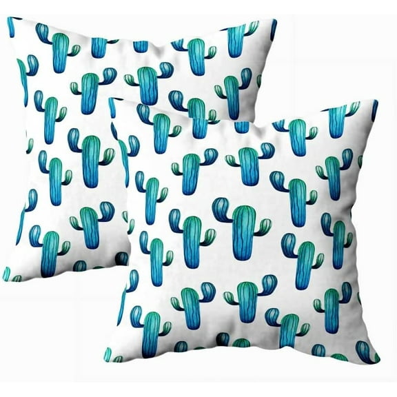 Set of 2 Watercolor Cactus Pattern Tropical Green Blue Cactus White Background Exotic Throw Pillow Covers 18X18 Inch Decorative Pillow Cases for Couch Bedroom Living Room