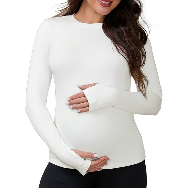 Camiseta de maternidad ajustada Inspire Chic, de manga larga elástica, con agujeros para los pulgares, cuello redondo, top de yoga para el embarazo, 2XL, blanca