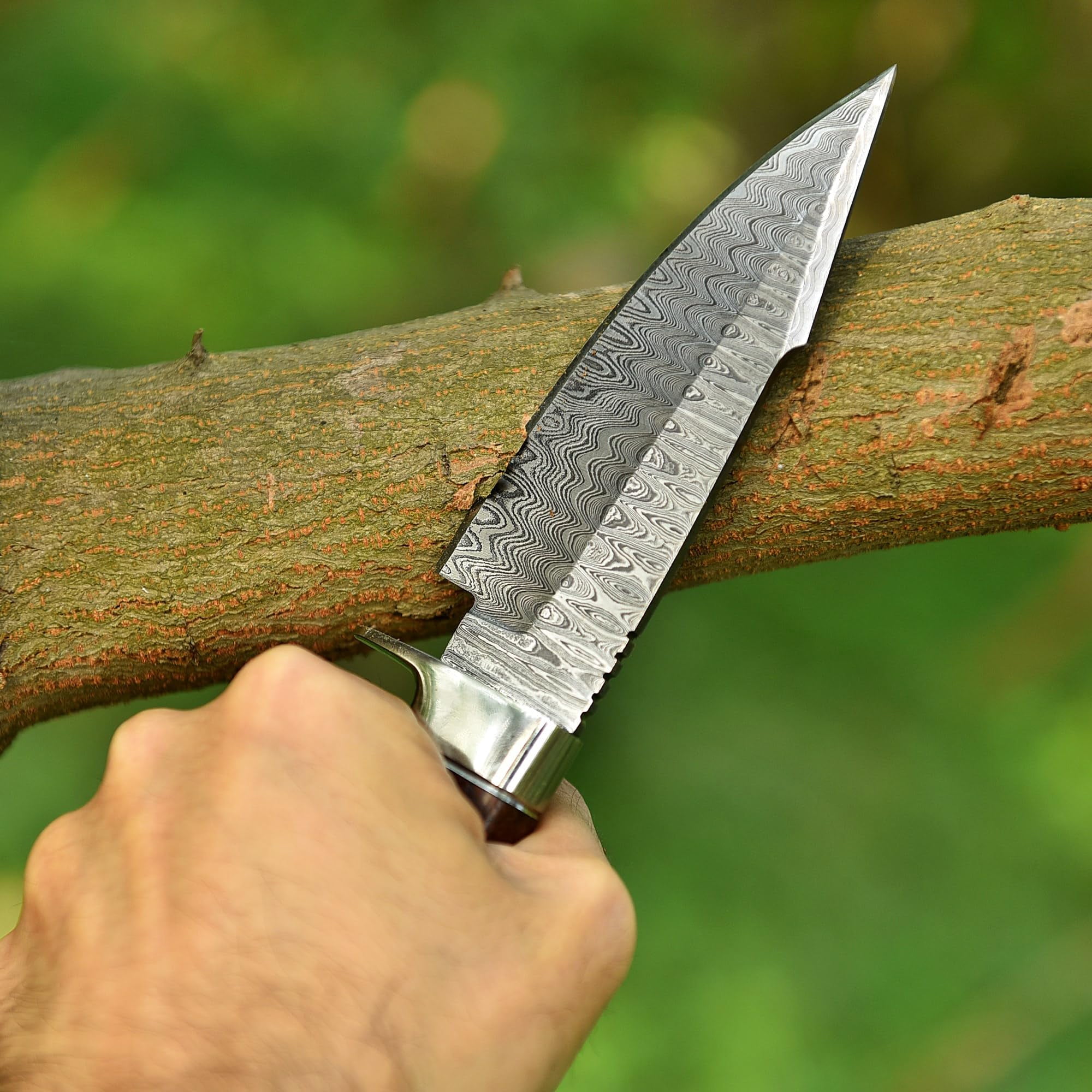 Poshland Hand Forged Damascus Steel Knife with Sheath - Survival, Camping, Tactical, and Outdoor Knife