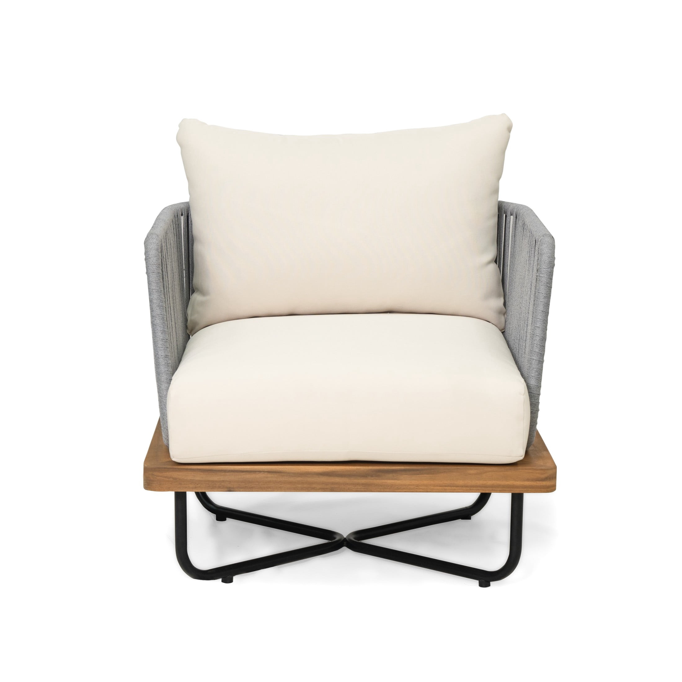 Cassants Upholstered Outdoor Patio Lounge Chair with Iron Base, Acacia Wood, Beige