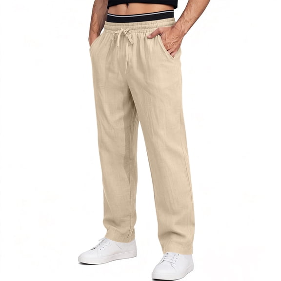 Men's Linen-Look Casual Trousers, Solid Color Summer Pants with Stretch for Everyday Wear