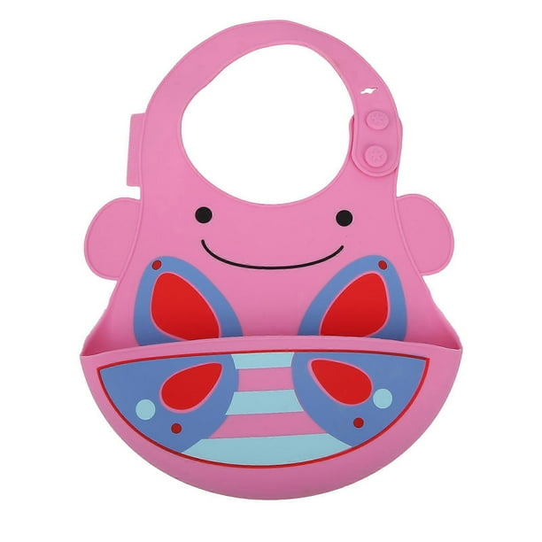 Silicone Cartoon Pattern Baby Bib Infant Waterproof Adjustable Portable Eating BibRose Red