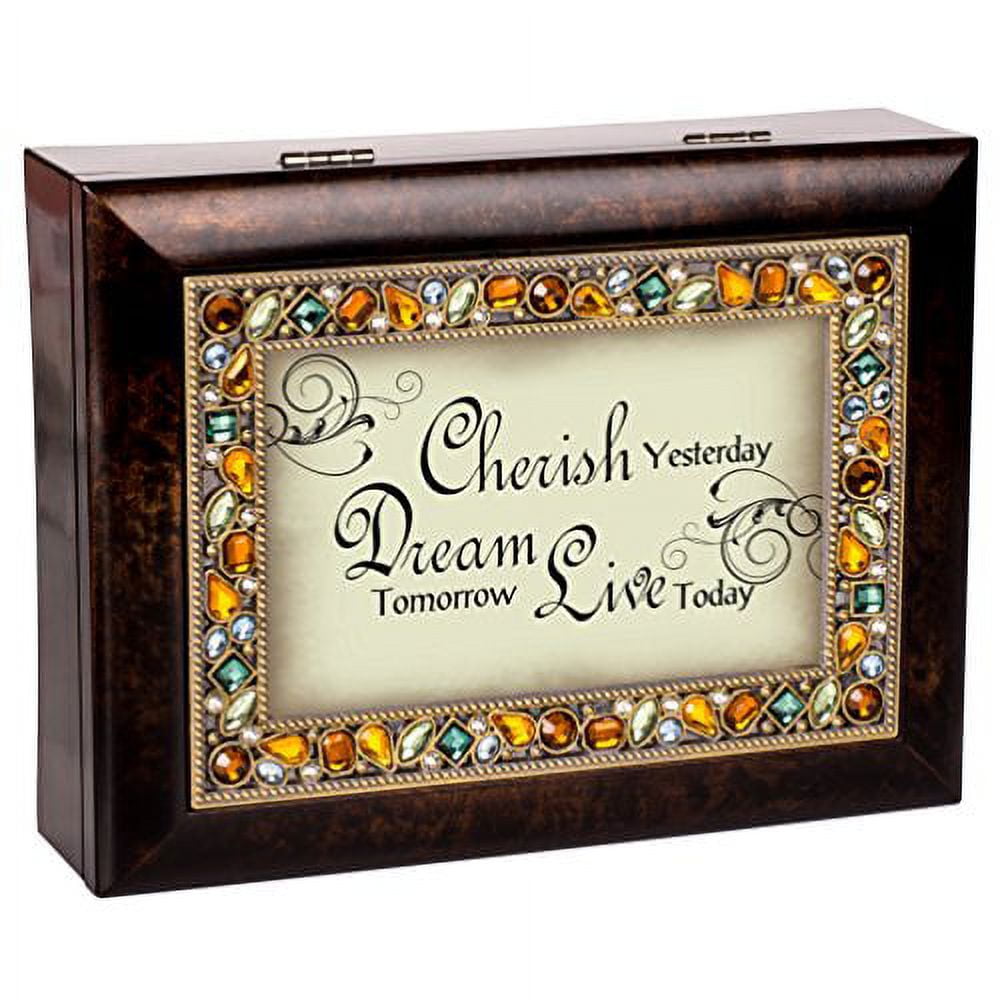 Cherish Yesterday Dream Tomorrow Amber Earth Tone Jewelry Music Box Plays Wonderful World