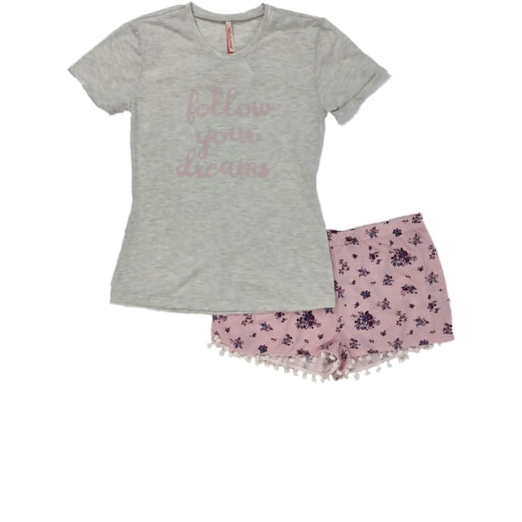 Junior Womens Follow Your Dreams Floral Flower Pajamas Tan Pink Shorts Sleep Set
