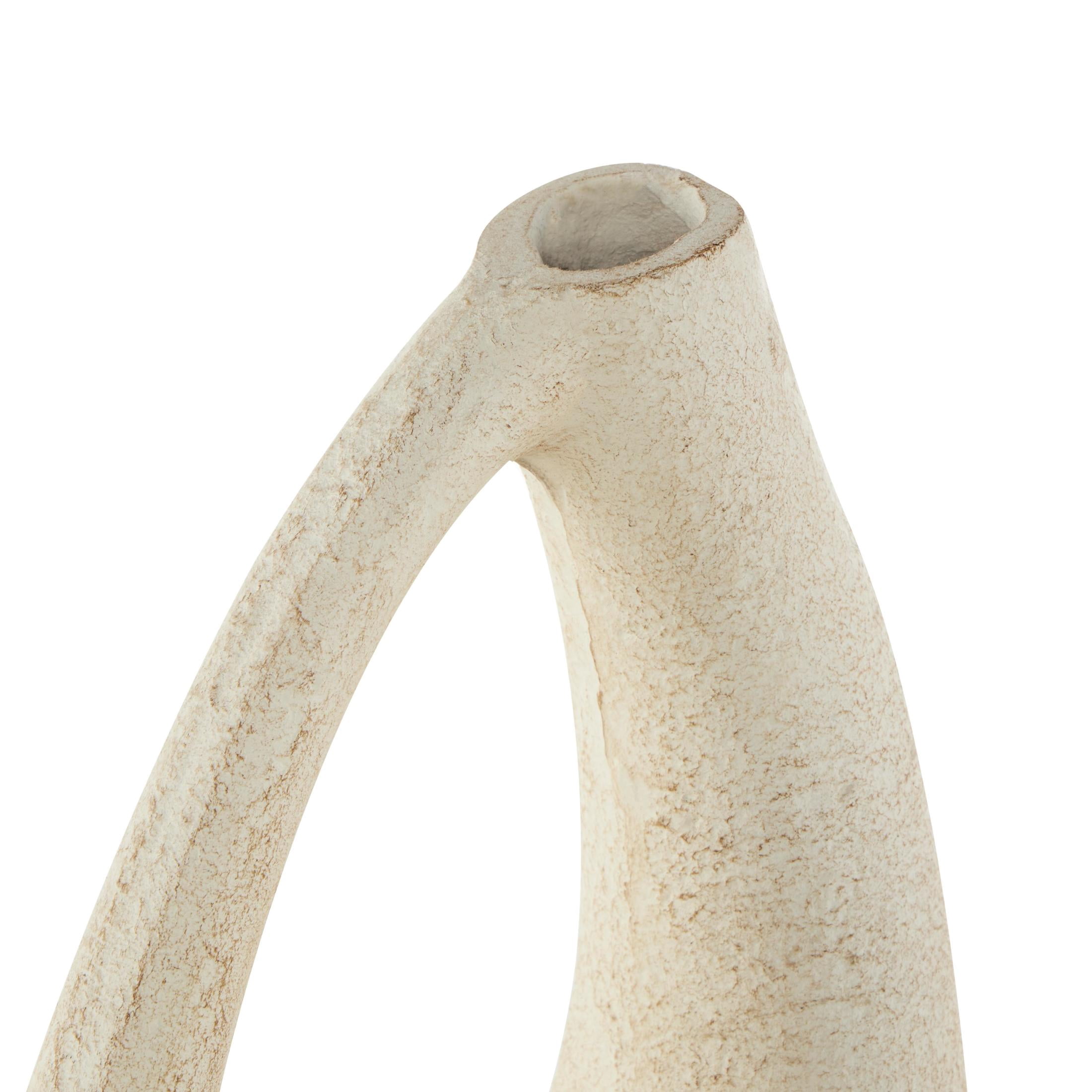 DecMode 14" Abstract Curved Cutout Cream Paper Mache Vase with Brown Distressed Texturing