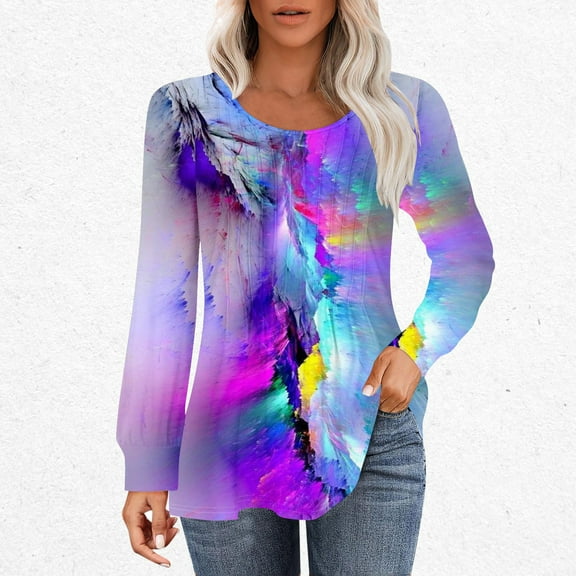 Fznquz Purple Plus Size Tops for Women Crewneck Long Sleeve Tunic T Shirt Tie Dye Casual Fall Womens Fashion 2025