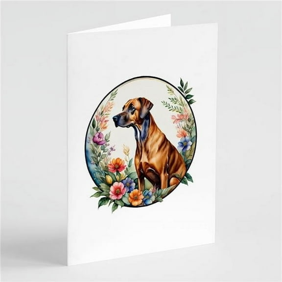 Rhodesian Ridgeback and Flowers Greeting Cards and Envelopes Pack of 8 7 in x 5 in