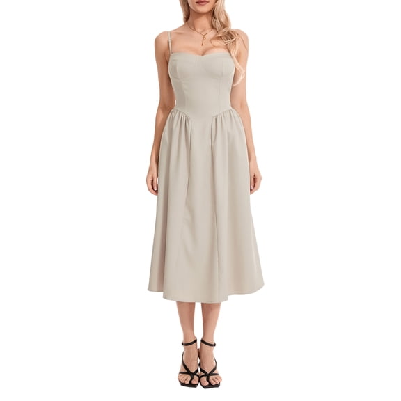 Musuos Women Summer Casual A-line Dress Solid Color Sleeveless Backless Midi Low-Cut Cami Dress with Side Pockets