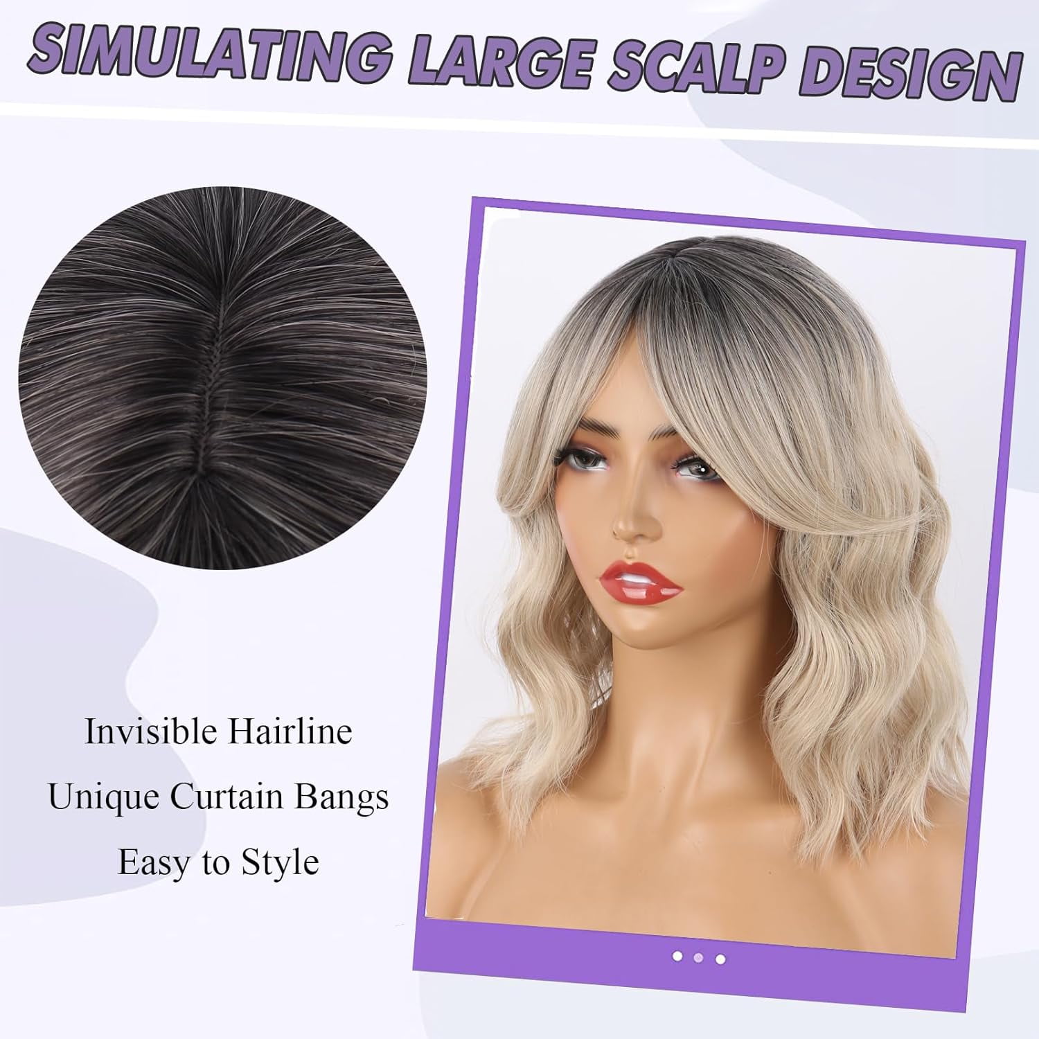 SUCS Dark Brown Wavy Bob Wig Natural Brown Curly Bob Wig with Curtain Bangs for Black Women Synthetic Wig