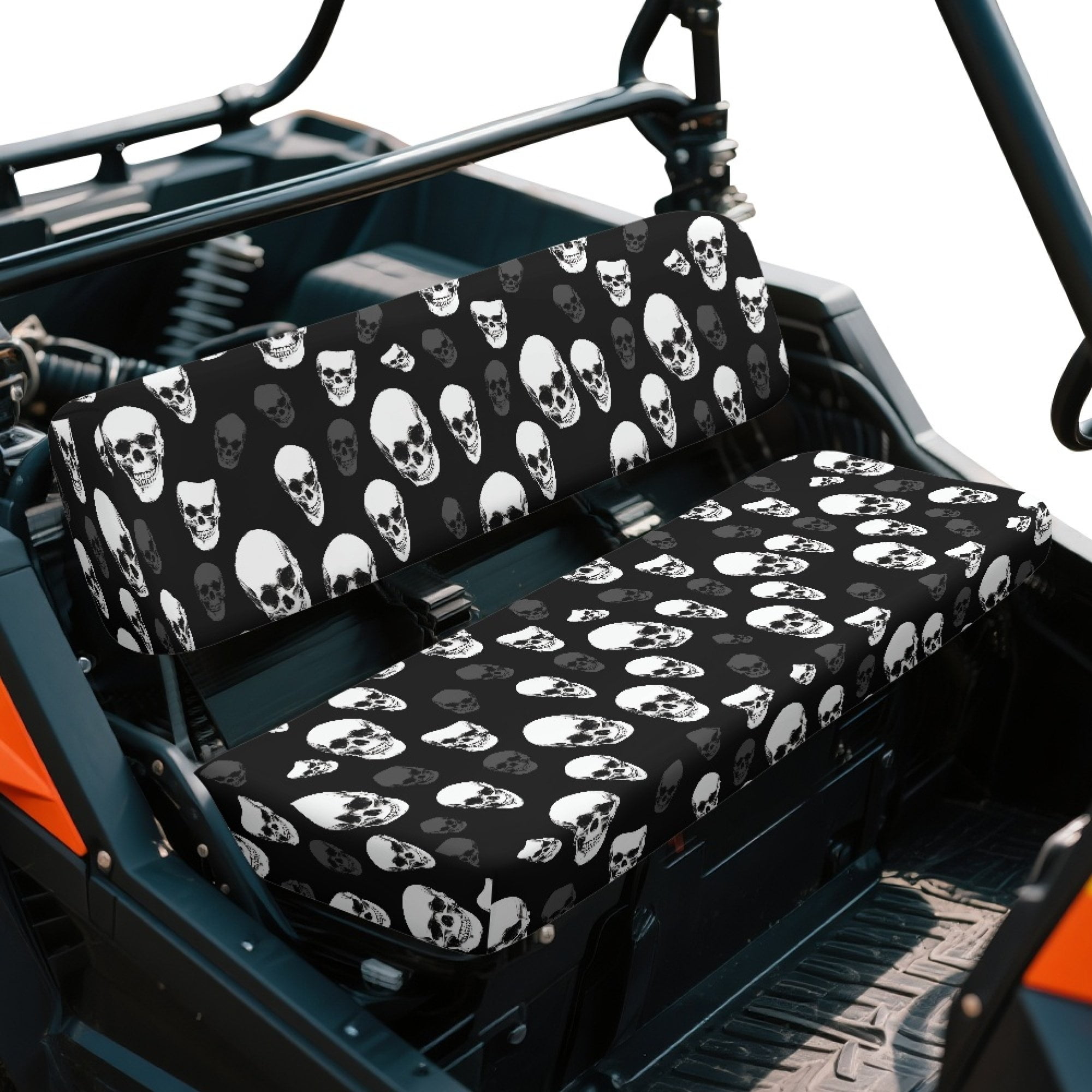 ZIATUBLES 2-Pack Waterproof UTV Seat Covers with Black Skull Print, Replacement Bench Seat Protectors Compatible with Kawasaki Mule 3000 3010, Wear-Resistant Polyester UTV Seat Decor Covers