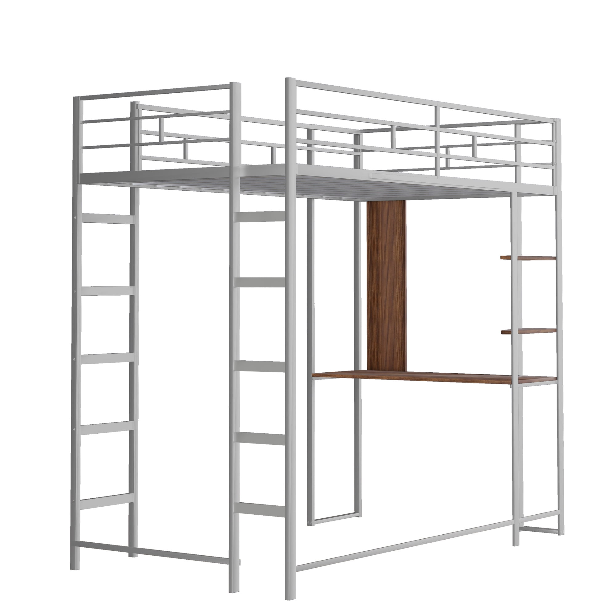 Aukfa Metal Twin Loft Bed with Desk and Shelves for Kids, Teens, Dorm, Double Ladder - Silver