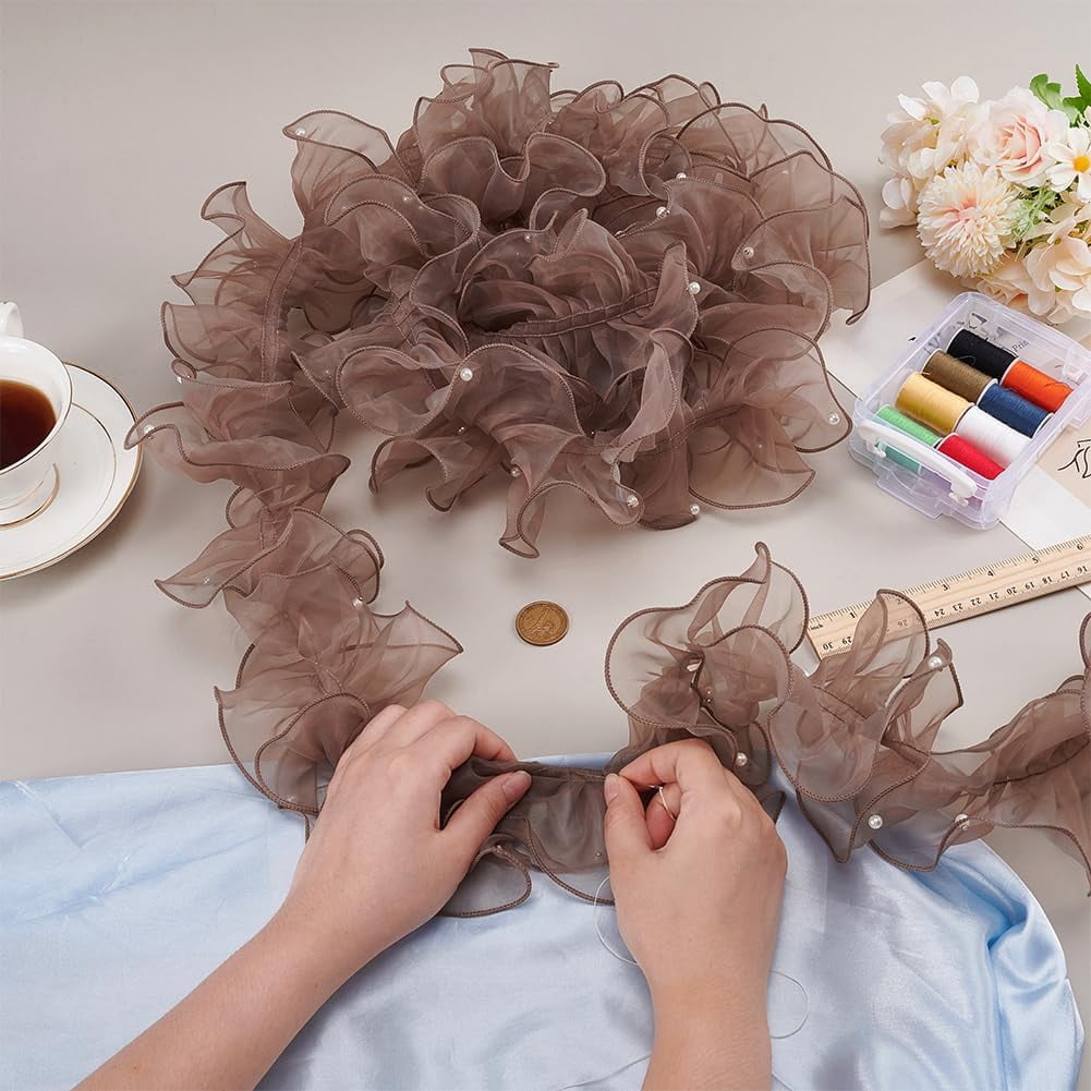 5 Yards Organza Lace Ribbon 4.9 inch Wide Pleated Edging Trim Ribbon Ruffled Lace Fabric Ruffled Ribbon with Beads for Sewing Craft Wedding Dress DIY Decor Christmas Tree Gray Gray