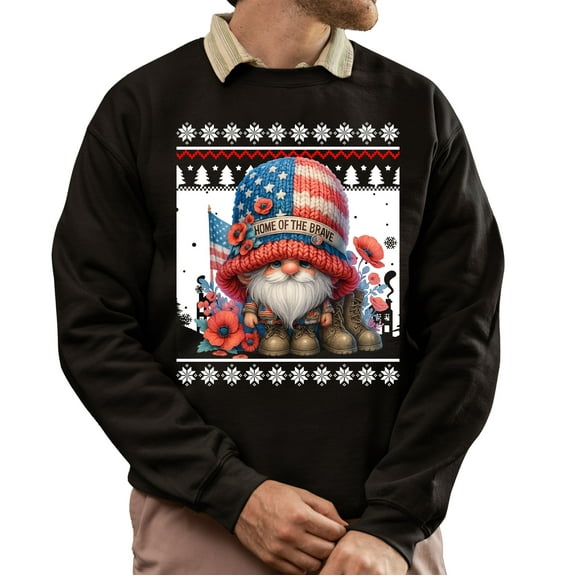 Christmas Sweatshirt, Patriotic Home of the Brave Gnome Sweatshirt, Military Support Holiday Sweatshirt, Unique Gnome Lover Gift for Women & Men