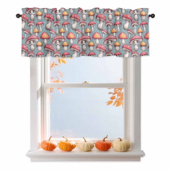 Valances for Windows Fall Country Watercolor Mushroom Rod Pocket Short Curtain for bathroom living room bedroom Polka Dot on Blue 1 Panel 54x18in