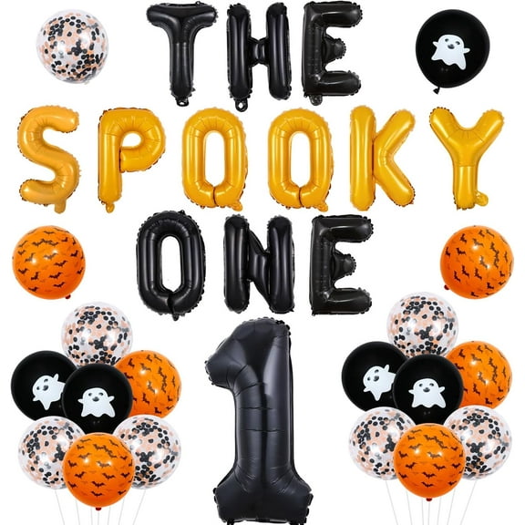 Jollyboom Halloween 1st Birthday Decorations, The Spooky One Birthday Balloon Banner Orange Black Ghost Bat Balloons Number 1 Foil Balloon for Boys Girls Halloween Theme First Birthday Party