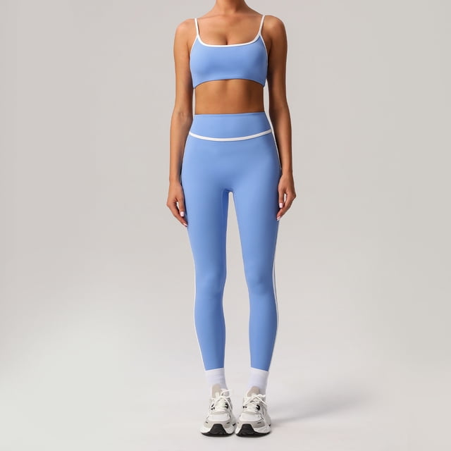 PISONIC Women's 2 Piece Workout Set Color Block Strappy Sports Bra, High Waisted Tummy Control Shorts, Backless Yoga Gym Athletic Outfit