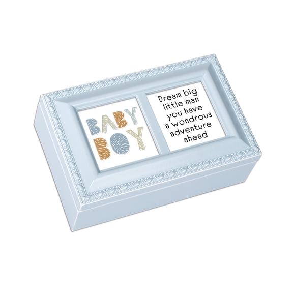 Cottage Garden Boy Dream Adventure Pale Blue Rope Trim Petite Music Box Plays Brahms' Lullaby