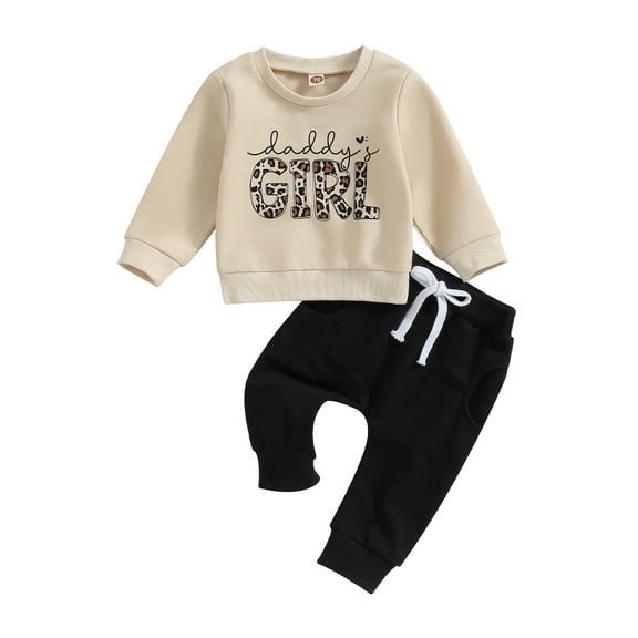 Toddler Baby Girls 2 Piece Outfit 0 6 12 18 24 Months 2T 3T Leopard Letter Print Long Sleeve Sweatshirt and Elastic Pants Set Baby Cute Fall Clothes