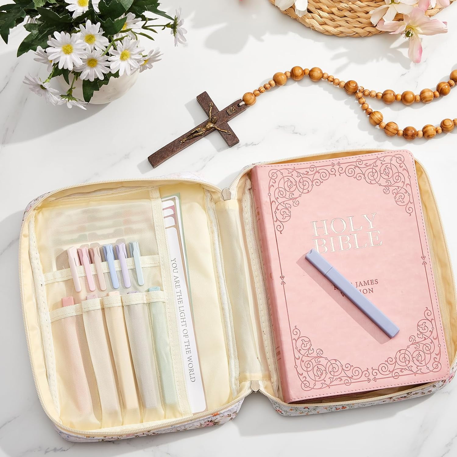 Quilted Bible Cover Case for Women Large Carrying Bag Book Tote Bags Bible Bag with Handle Bible Study Supplies Christian Gifts  for Church Religious with Organizer Tabs 6 Colored Pens 6 Highlighters