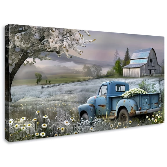 1pc Vintage Rustic Farmhouse Canvas Wall Art - Distressed Pickup Truck with Blooms, Pastoral Barn Scene Painting, Antique Vehicle Artwork Prints for Home Living Room, Guest Bedroom Decor with Unique