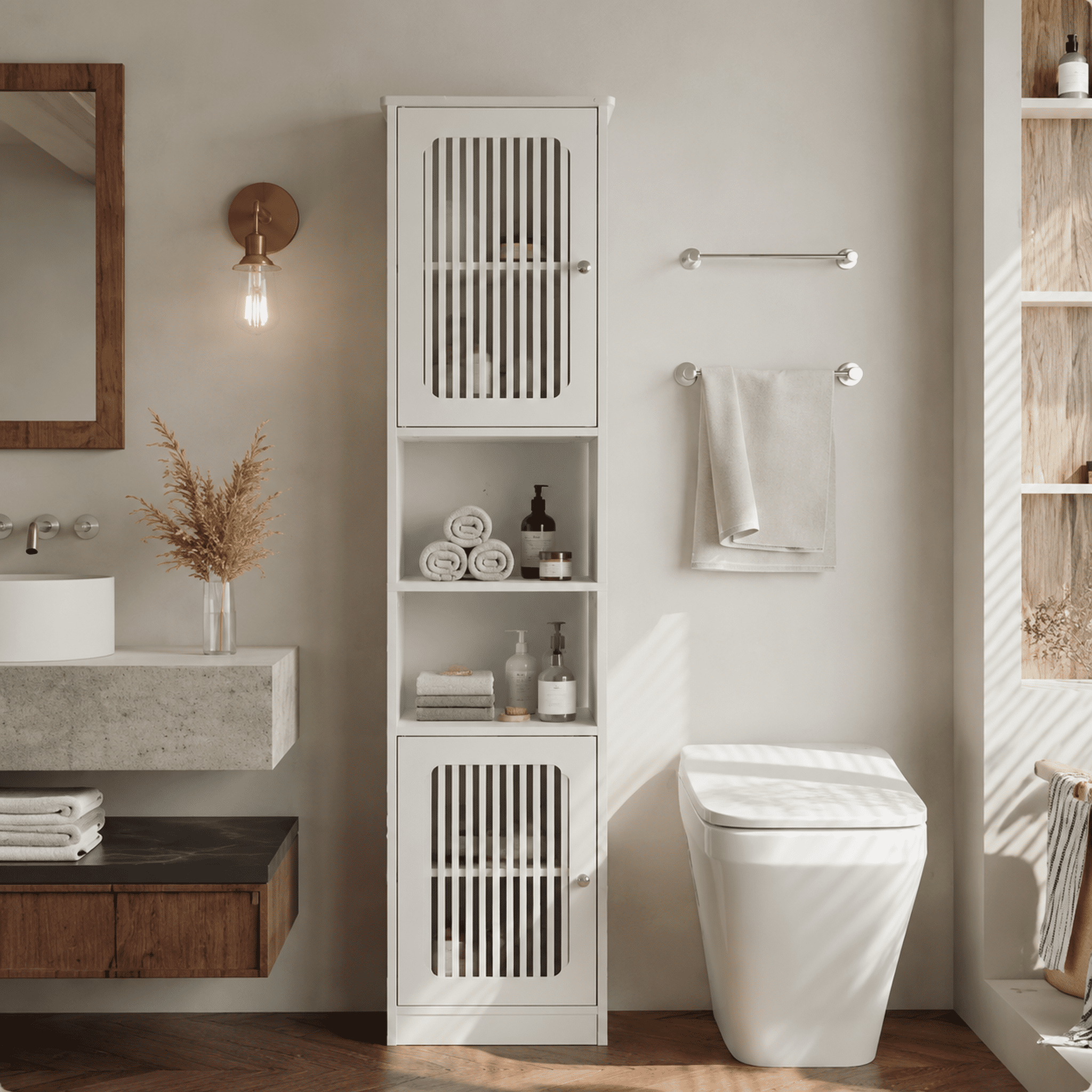 Leumius Bathroom Storage Cabinet,64" Tall Narrow Wooden Bath Cabinet with Adjustable Drawer Shelves,Floor-Standing Storage Unit,White