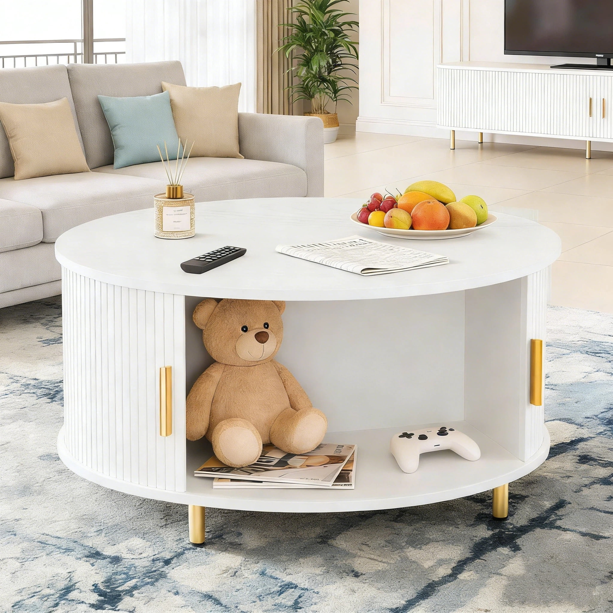 Aisword Round Coffee Table with 360° Sliding Door, Fluted Accent Storage Coffee Table with Adjustable Footpads for Living Room, White