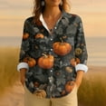thumbnail image 2 of WTOBBY Women's Long Sleeve Casual Button Up Shirt with Retro Halloween Print, Perfect for Everyday Wear and Seasonal Events, Featuring Classic Collar Design for Comfortable Outfits,Light Gray M, 2 of 4