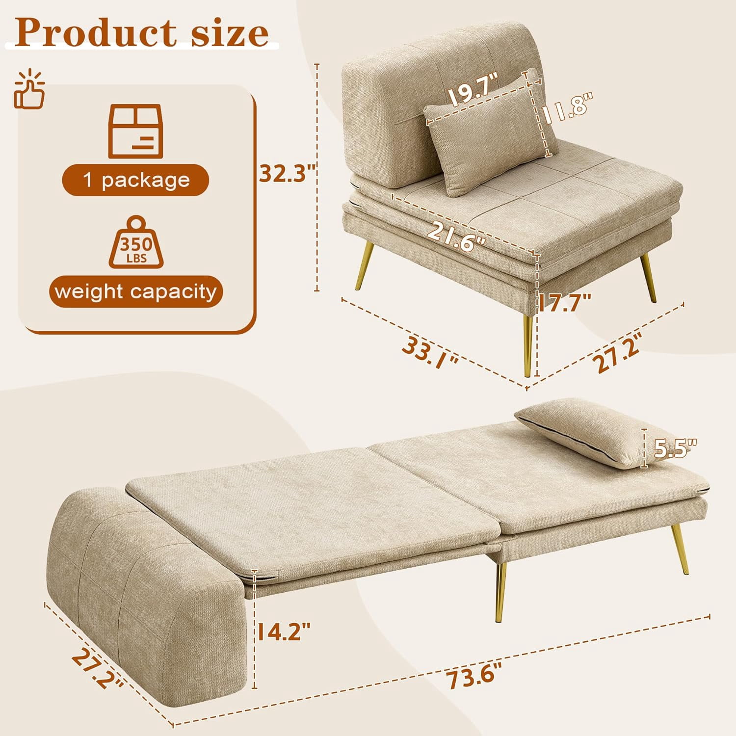 Akaber 3-in-1 Futon Sofa Bed, Chenille Sleeper Chair with Back Support & Pillow, Wood Frame, Metal Legs