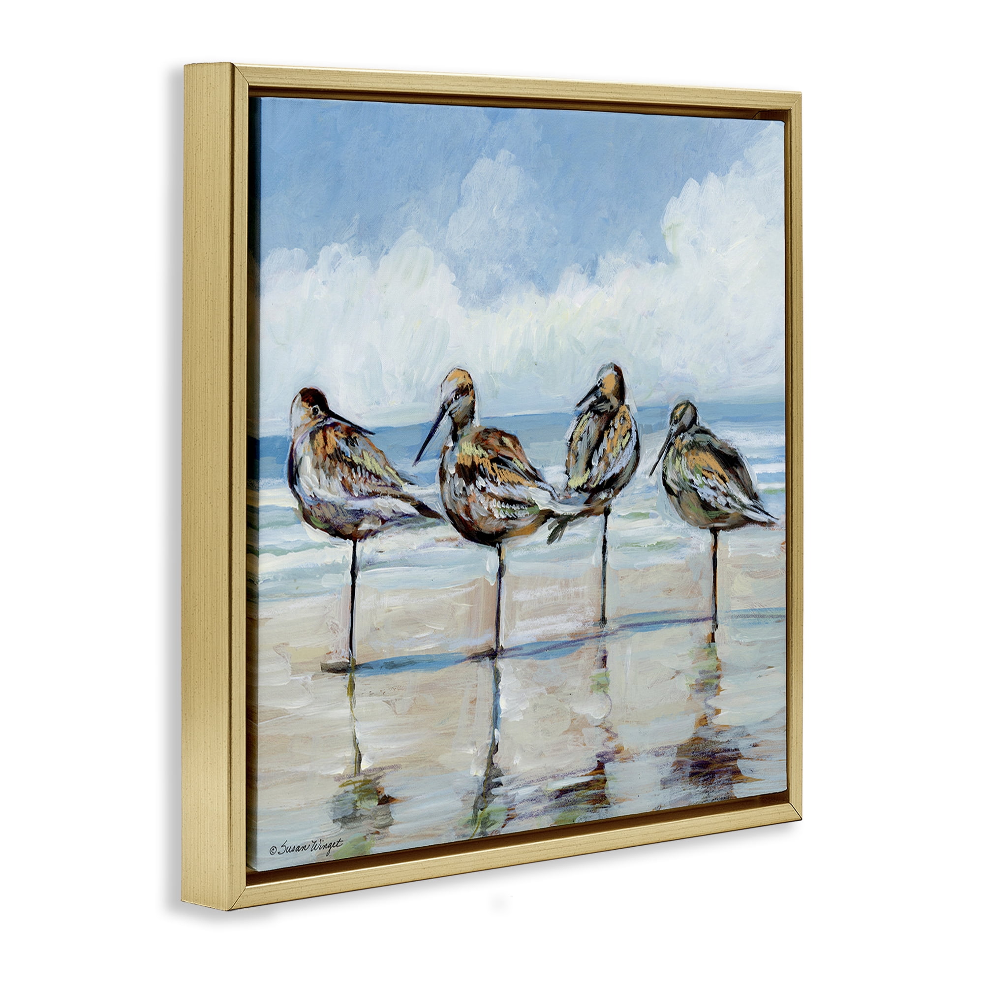 Stupell Industries Sandpipers Balancing On Beach Gold Framed Floater Canvas Wall Art, design by Susan Winget