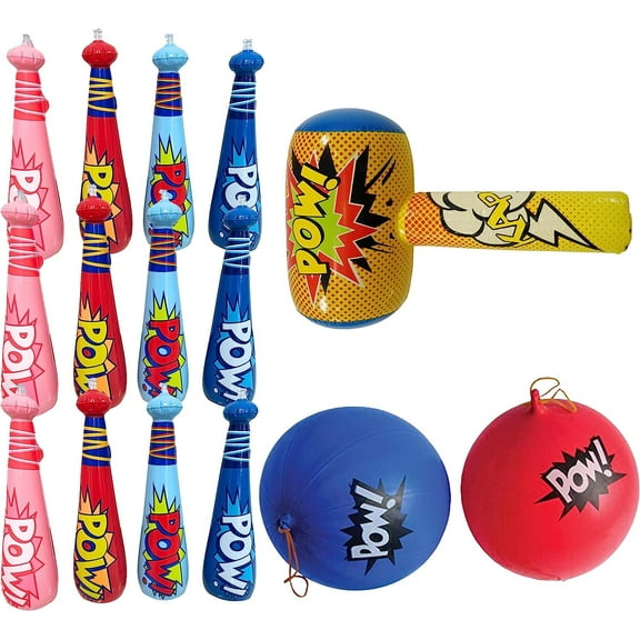 4E's Novelty 25 Piece Set Inflatable Baseball Bats With Pow Design, 12 Punch Balloons For Kids, Super Hero Birthday Bat