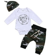 3Pcs Mama's Boy Infant Newborn Baby Boy Romper Jumpsuit Bodysuit   Camouflage Long Pants   Hat Clothes Outfit Set 0-6 Months