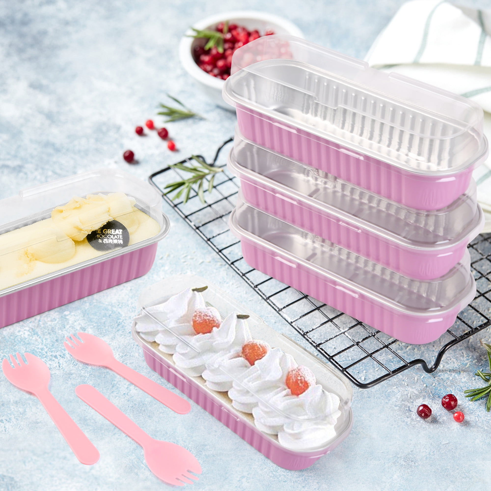 JOYKLE Mini Cake Pans with Lids,50 Pack Mini Loaf Baking Pans and Lids  Covers,Aluminum Foil Long Baking Cups,Disposable Foil Cupcake Liners for
